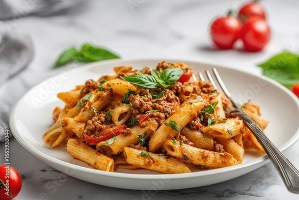 Fototapeta Close-up of penne pasta with ground meat and tomato sauce on a white plate. Fresh basil leaves garnish the dish, alongside cherry tomatoes. A silver fork rests on top