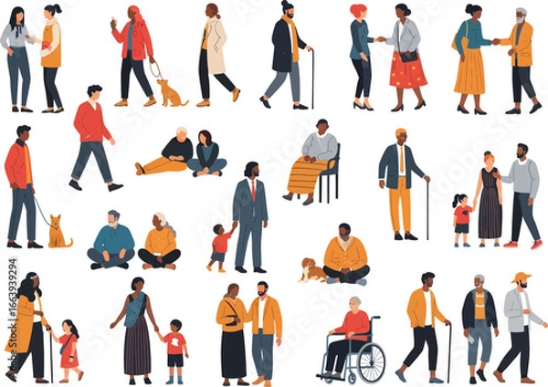 Fototapeta Diverse group of people of all ages and ethnicities interacting and enjoying leisure time together outdoors on a white background