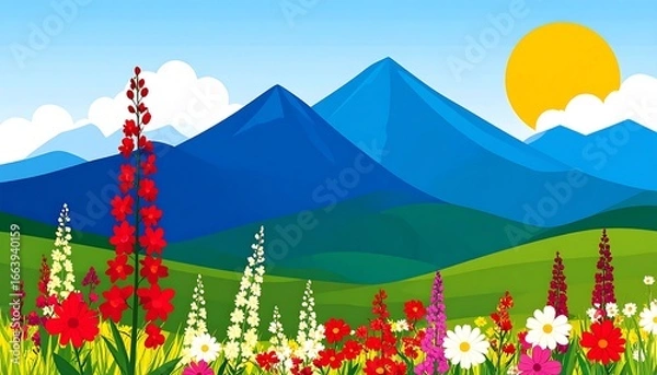 Fototapeta Colorful meadow with vibrant flowers and a backdrop of majestic mountains under a bright sunny sky.