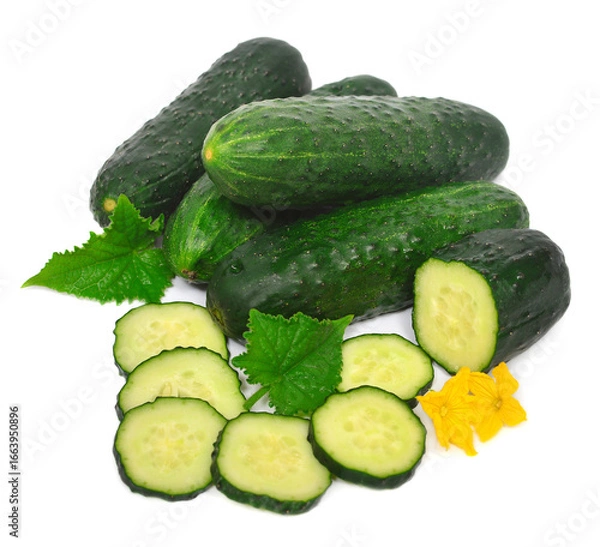 Fototapeta Cucumbers with leaves and flowers isolated on white background. Healthy vegetable