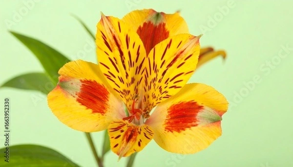 Fototapeta Vibrant yellow and red flower with intricate patterns stands out against a soft mint green background.
