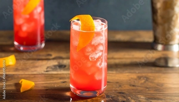 Fototapeta Vibrant crimson cocktail in a tall glass, garnished with an orange twist, sits atop a rustic wooden table.