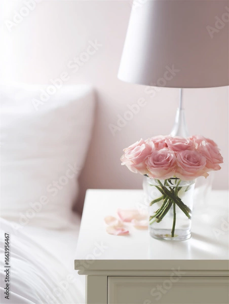 Fototapeta ベッドサイドテーブルに置かれたランプとピンクのバラの花