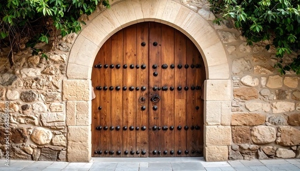 Fototapeta Rustic wooden door with ornate metal studs set in a stone archway and wall