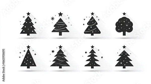 Fototapeta Collection of christmas tree silhouettes with decorative elements.