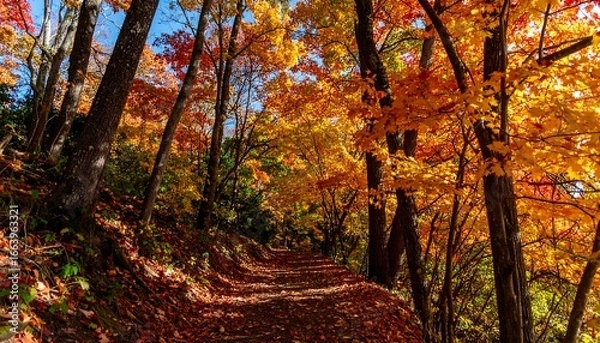 Fototapeta Scenic autumn trail through a forest filled with vibrant colored trees