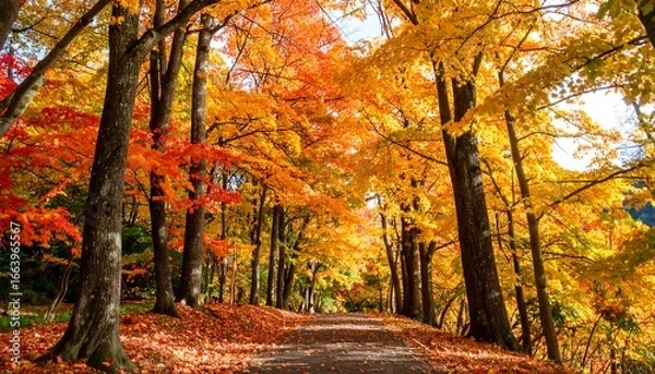 Fototapeta Scenic autumnal path adorned with colorful foliage under warm sunlight