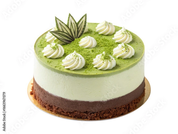 Obraz A fluffy matcha green tea layered dessert cake with cream and chocolate crust isolated on a transparent background png
