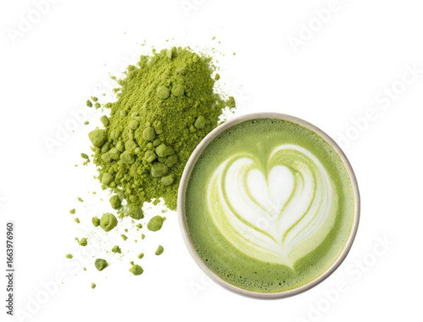 Obraz Top view of a matcha latte with heart-shaped foam art and apille of matcha powder isolated on a transparent background png