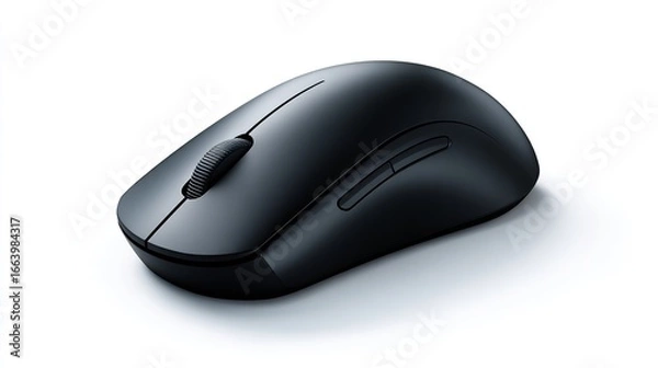 Obraz Wireless black computer mouse with scroll wheel, sitting on a white background
