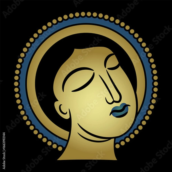 Obraz Head of a Christian saint. Medieval religious design. Gold and blue art on black background.