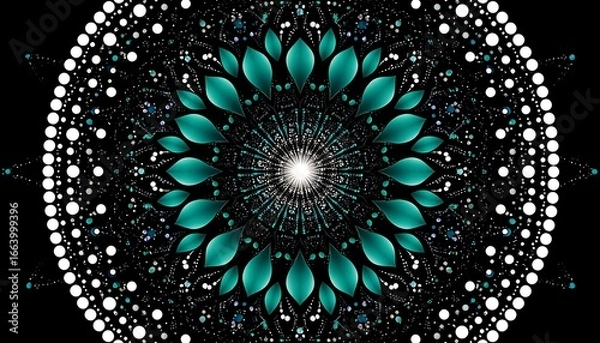 Fototapeta Symmetrical teal floral pattern against a stark black background texture
