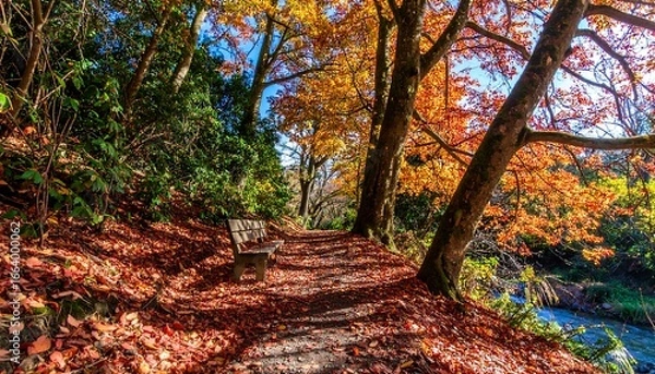 Obraz A sun-drenched autumnal path winds through a park, lined with vibrant colored trees and a tranquil stream, showcasing a wooden park bench beneath the colorful canopy.
