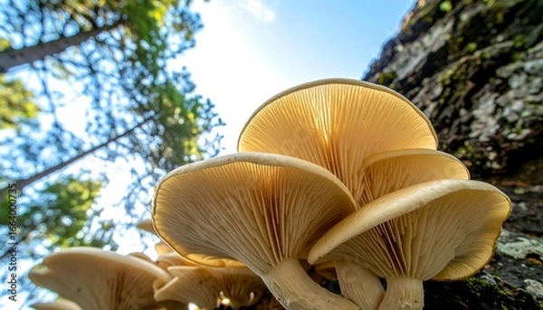 Obraz Close-up view of clustered, light beige mushrooms, their delicate, ribbed caps rising above a forest floor.