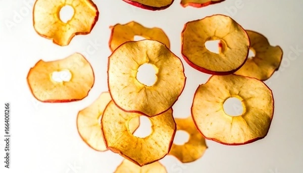 Obraz Dehydrated  slices, a delectable snack, beautifully captured in mid-air against a bright white backdrop.