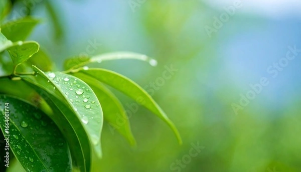 Obraz Close-up of vibrant green leaves covered in glistening water droplets, showcasing a refreshing and peaceful natural scene.