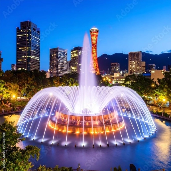 Fototapeta Illuminated fountain at dusk in a city park