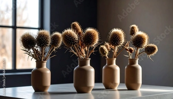 Obraz Four muted beige vases hold dried thistle arrangements, creating a warm and minimalist aesthetic.