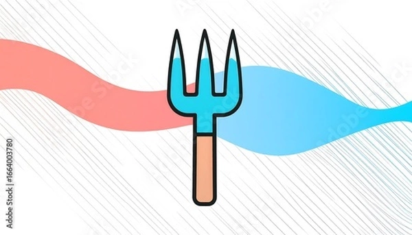Obraz A simple, stylized illustration of a garden fork against a background of flowing, pastel color waves.