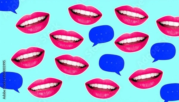 Fototapeta Vibrant Collage Featuring Smiling Lips and Conversation Bubbles Pattern