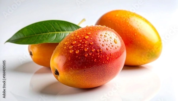 Fototapeta Vibrant Mango Fruits with Green Leaf and Water Droplets on White Surface