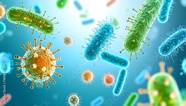 Obraz A vibrant display of various microscopic bacteria and viruses, showcasing their detailed structures and diverse colors.