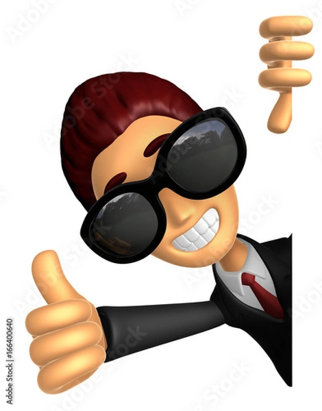 Fototapeta Wear sunglasses 3D Business man Mascot the left hand best gesture and right hand is holding a board. 3D Animal Character Design Series.