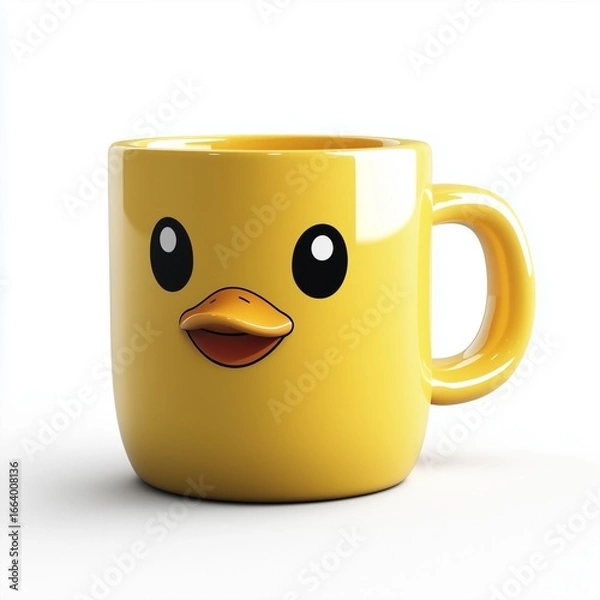 Fototapeta Coffee mug with duck cartoon face smile, isolated white