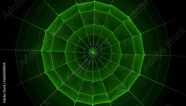 Obraz A vibrant green spiderweb design radiates outward from a central point against a dark background, showcasing intricate details and a mesmerizing effect.