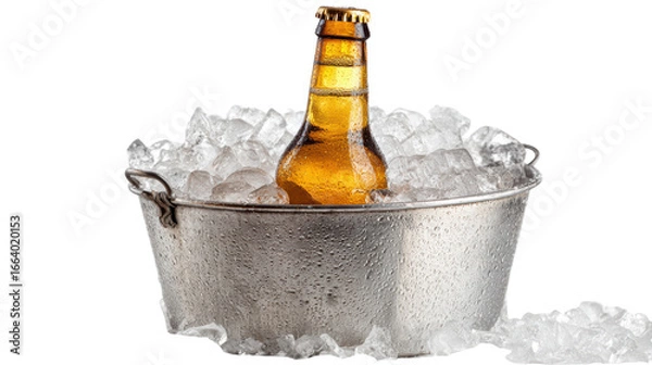 Fototapeta Chilled beer bottle in a metal bucket filled with ice cubes, perfect for summer gatherings and celebrations.