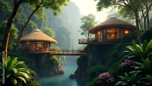 Fototapeta Conceptualize a treehouse-style eco-resort deep in a tropical rainforest.