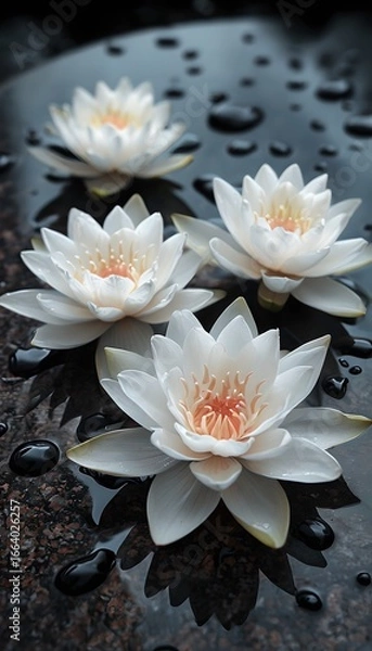 Obraz White Water Lotus Flowers with Water Droplets on Dark Background