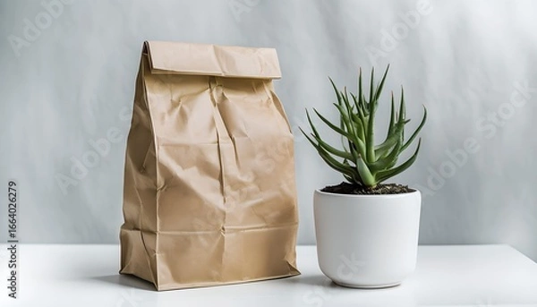 Obraz Brown Paper Bag and Potted Aloe Vera Plant on a White Surface