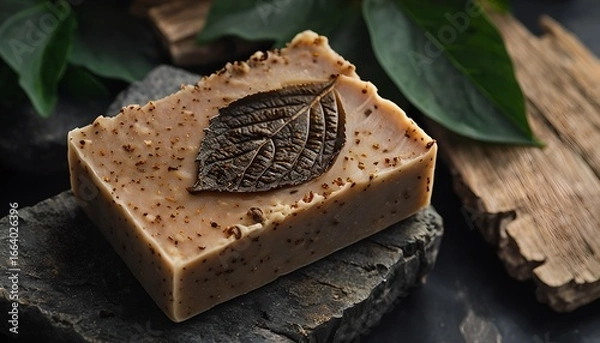 Obraz Brown Rectangular Soap Bar with Leaf Imprint on Stone