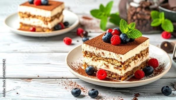 Fototapeta A delectable slice of tiramisu, layered with creamy custard, moist biscotti, and topped with fresh berries and cocoa powder, sits beautifully on a light gray plate.