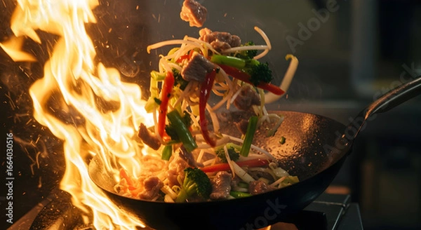 Obraz Captivating Action Shot of Stir-Frying Colorful Vegetables and Tender Meat in a Wok with Flames in a Professional Kitchen Setting