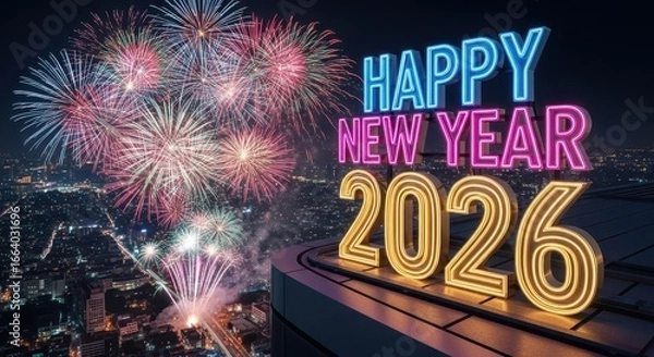 Obraz Happy New Year 2026 glowing text with fireworks