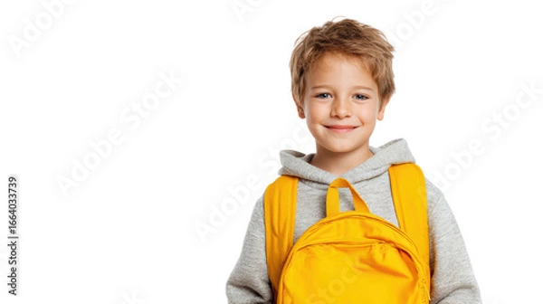 Fototapeta Smiling boy with a yellow backpack on a white isolated background.