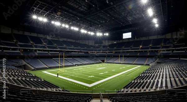Fototapeta Stalwart Football Stadium With Bright Lights Illuminating The Empty Arena And Green Turf Field Ready For An Action-Packed Game Event