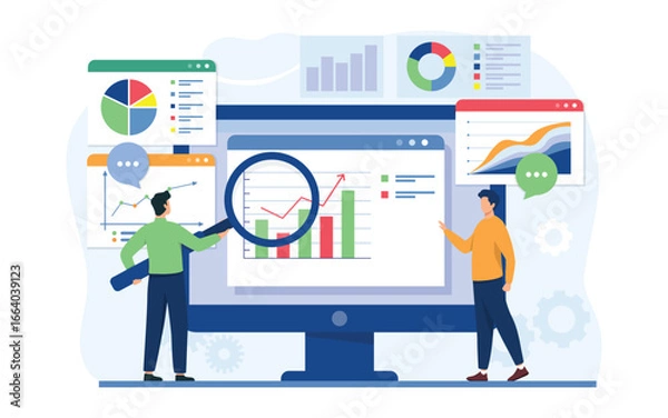 Fototapeta Business team people working for data analytics research and monitoring on the web report dashboard monitor. Business finance investment planning concept. Vector illustration.