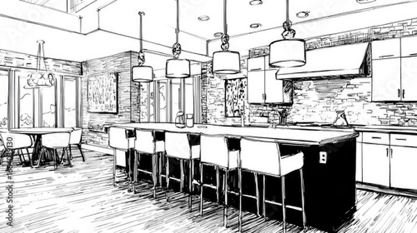 Fototapeta Interior sketch of a modern kitchen and dining area.