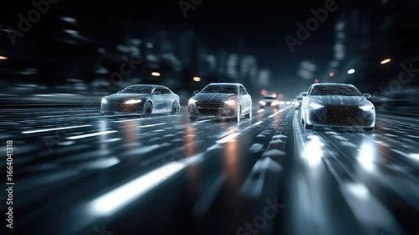 Fototapeta Autonomous Vehicles Driving on a Grid-Patterned Road, with White Arrows and Light Effects, Showcasing a Concept of Smart Transportation and Future Technology.