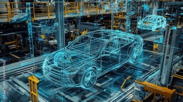 Fototapeta A Holographic Representation of an Electric Vehicle in a Factory, with Blue Light Outlining the Car's Lines, Showcasing Smart Manufacturing and Future Technology.