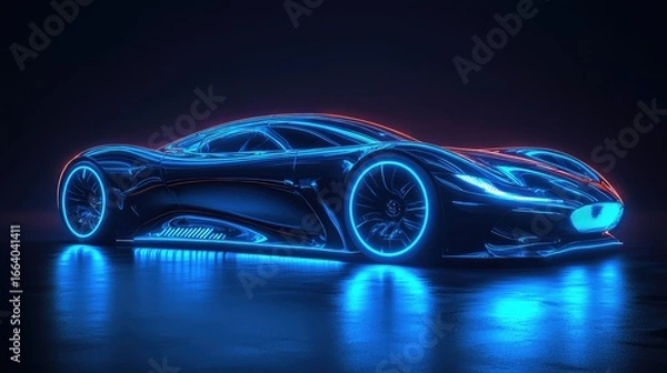 Fototapeta Holographic interface showing a 3D wireframe model of a concept sports car on a workbench. Concept for augmented reality in automotive engineering, EV battery development, and innovative R&D.	