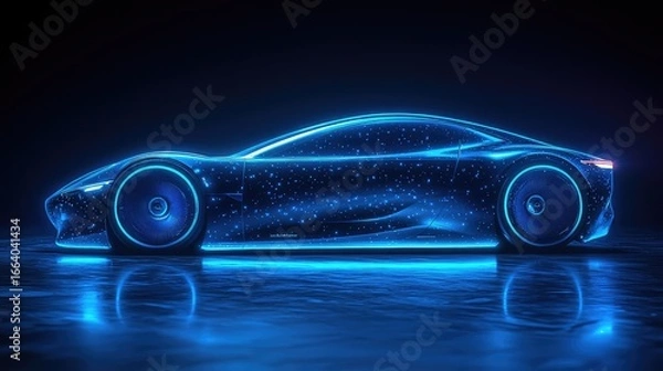 Fototapeta Holographic interface showing a 3D wireframe model of a concept sports car on a workbench. Concept for augmented reality in automotive engineering, EV battery development, and innovative R&D.	