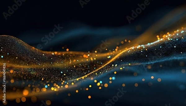 Obraz Abstract digital particles flowing in dark space, with vibrant orange and teal highlights
