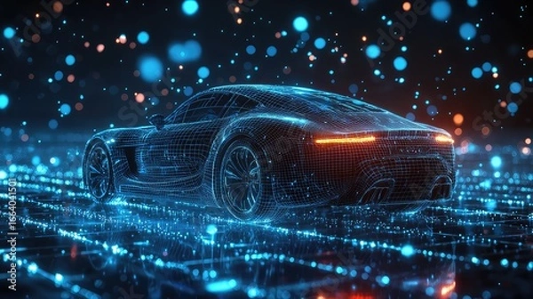 Fototapeta Holographic interface showing a 3D wireframe model of a concept sports car on a workbench. Concept for augmented reality in automotive engineering, EV battery development, and innovative R&D.	