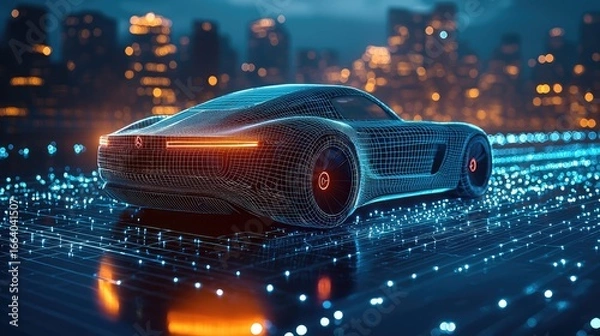 Fototapeta Holographic interface showing a 3D wireframe model of a concept sports car on a workbench. Concept for augmented reality in automotive engineering, EV battery development, and innovative R&D.	