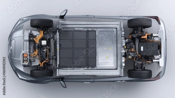 Fototapeta 3D Render of an Electric Car Chassis, Highlighting the Battery Pack and Internal Mechanical Structure, Emphasizing Environmental Protection and High Technology.