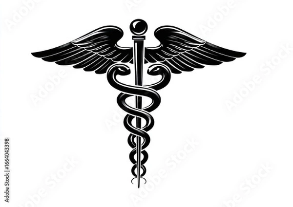 Obraz Black and white medical symbol, wings and serpent